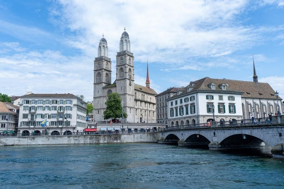 The iconic Grossmünster Church with its twin towers against a clear blue sky in Zurich